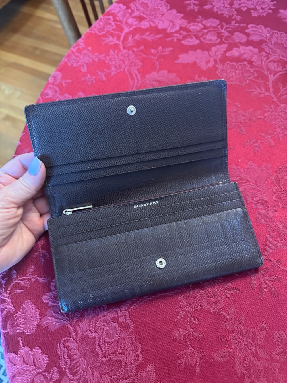 Burberry Dark Brown Leather Plaid Embossed Long Snap Wallet - Picture 6 of 13